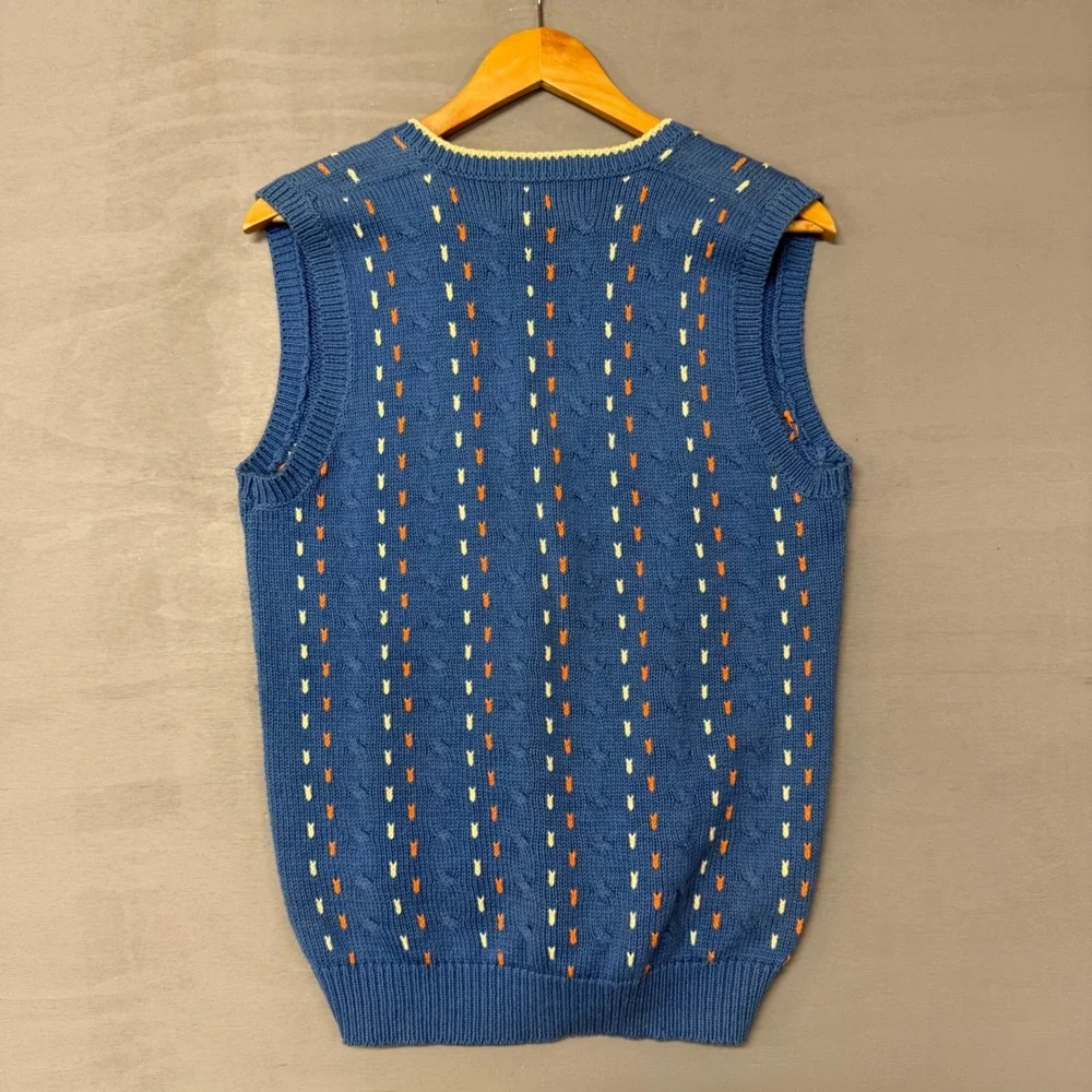 Vintage Cricket Sweater Vest Blue Cable Knit Embroidered V-Neck Cotton Medium - Picture 2 of 5